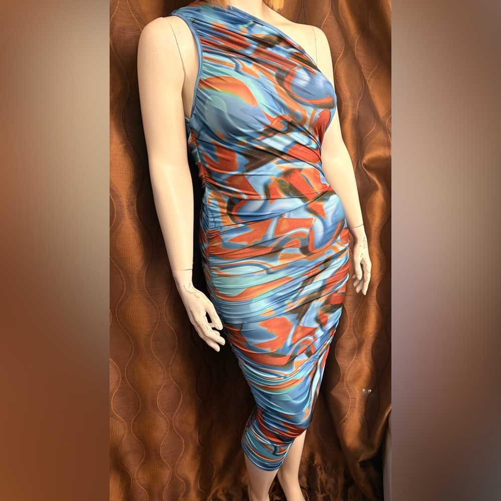 Orange and Blue One Shoulder Ruched Bodycon Dress